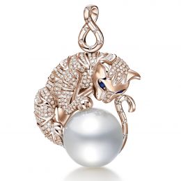 Pendentif Chat - Perle d'Australie, or, diamants - Kingdom o