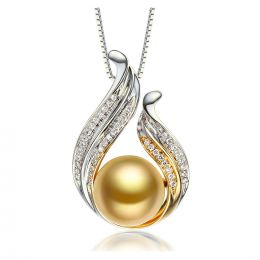 Pendentif Douce Végétale - Perle dorée - Or blanc, diamants