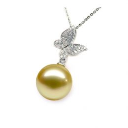 Pendentif Papillon Or blanc. Perle d'Australie dorée. Diama