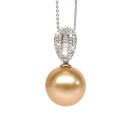 Pendentif perle d'Australie dorée - Or blanc - Diamants rond