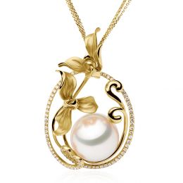 Pendentif Orchidée Or jaune, diamants et perle d'Australie