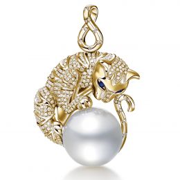 Pendentif Chat - Perle d'Australie, or, diamants - Kingdom o