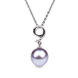 Pendentif Neuf. Perle lavande 10/10.5 mm, Diamants, Or blanc