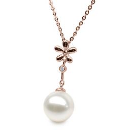 Pendentif fleur or rose - Perle eau douce blanche en suspen