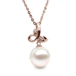 Pendentif brindille or rose diamant clos - Perle blanche de 