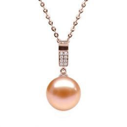 Pendentif Xilo. Perle rose 10/10.5 mm, Diamants, Or rose