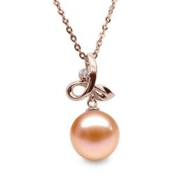 Pendentif Brindille. Perle rose 10/10.5 mm, Diamants, Or ros