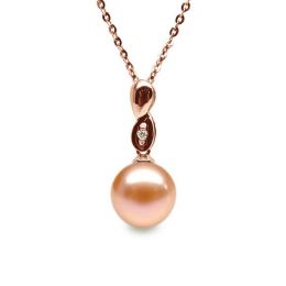 Pendentif Engrenage. Perle rose 10/10.5 mm, Diamants, Or ros