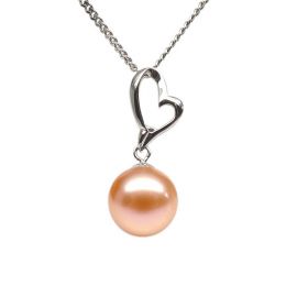 Pendentif Coeur de Cupidon. Perle rose 10/10.5 mm, Or blanc