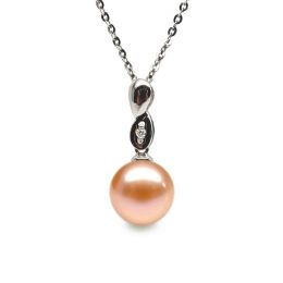 Pendentif Engrenage. Perle rose 10/10.5 mm, Diamants, Or bla