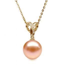 Pendentif Jardin secret. Perle rose 10/10.5 mm, Diamants, Or