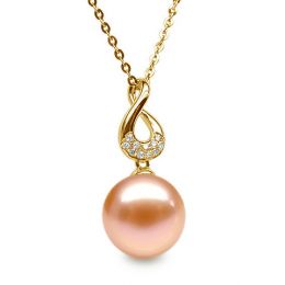 Pendentif Twist. Perle rose 10/10.5 mm, Diamants, Or jaune