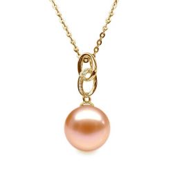 Pendentif Anneaux liés. Perle rose 10/10.5 mm, Diamants, Or 