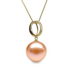 Pendentif O my god. Perle rose 10/10.5 mm, Diamants, Or jaun