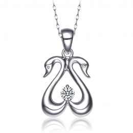 Pendentif couple de cygnes - Diamant 0.10ct, or blanc