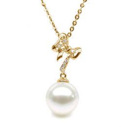 Pendentif noeud papillon or jaune - Perle eau douce blanche, diamant