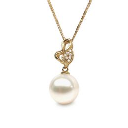 Pendentif petite pousse de printemps - Perle, or jaune et diamants