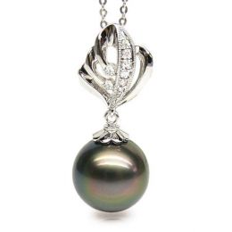 Pendentif création végétale - Perle de Tahiti - Or blanc, diamants