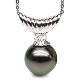 Pendentif Kimolos - Perle de Tahiti noire, paon - Or blanc, 