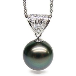 Pendentif Milos - Perle de Tahiti paon bleue - Or blanc, diamants