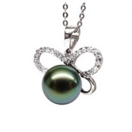 Pendentif papillon - Perle de Tahiti bronze foncée - Or blan