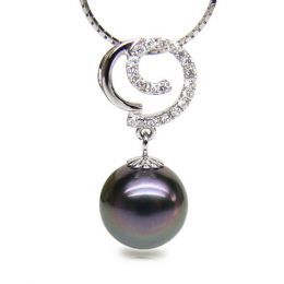 Pendentif joaillerie - Perle Tahiti paon aubergine - Or blanc, diamants