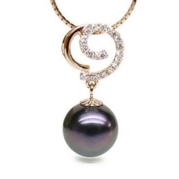 Pendentif joaillerie - Perle Tahiti paon aubergine - Or jaune, diamants