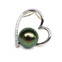 Pendentif coeur - Cadeau déclaration d'amour - Perle Tahiti, or blanc