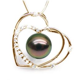 Pendentif double coeur - Perle Tahiti paon aubergine - Or jaune, diamants