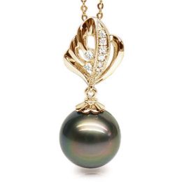 Pendentif création végétale - Perle de Tahiti - Or jaune, diamants