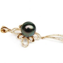 Pendentif perle de Tahiti noire - Tons bleus verts - Or jaune, diamants