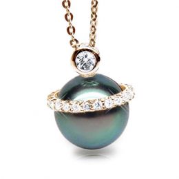 Pendentif de style - Cerclage mobile - Perle Tahiti, or jaune, diamants