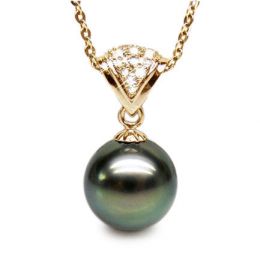 Pendentif classique - Perle de Tahiti grise foncée - Or jaune, diamant