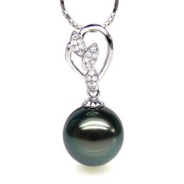 Pendentif pétales d'or blanc - Diamants pavés - Perle de Tahiti