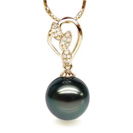 Pendentif pétales d'or jaune - Diamants pavés - Perle de Tahiti