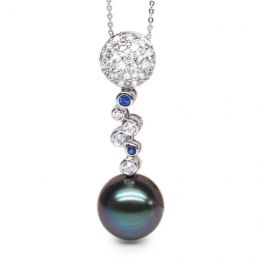 Pendentif boules - Perle de Tahiti - Or blanc, diamants, saphirs bleus