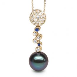 Pendentif boules - Perle de Tahiti - Or jaune, diamants, saphirs bleus