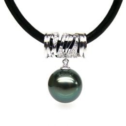 Pendentif circulaire avec cordon - Perle de Tahiti - Or blanc, diamants