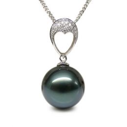 Pendentif coeur - Perle Tahiti bleue - Or blanc, diamants mi