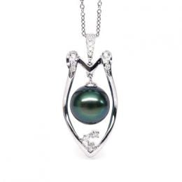 Pendentif protection - Bouclier - Perle de Tahiti - Or blanc, diamants