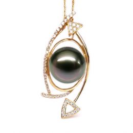 Pendentif elliptique - Perle Tahiti paon aubergine - Or jaune, diamants