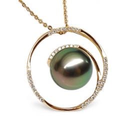 Pendentif cercle - La roue tourne - Perle de Tahiti - Or jaune, diamants