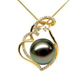 Pendentif coeur nébuleux, romantique - Perle Tahiti - Or jaune, diamants