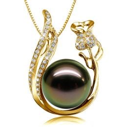 Pendentif rose - Perle Tahiti noire - Or jaune, diamants - La vie en rose