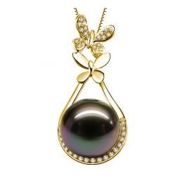  Pendentif papillon - Perle de Tahiti noire - Or jaune, diamants