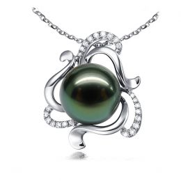 Pendentif perle de Tahiti verte 11/12mm - Or blanc et diaman