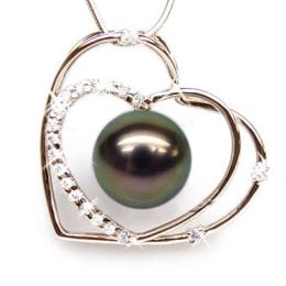 Pendentif double coeur - Perle Tahiti paon aubergine - Or ro