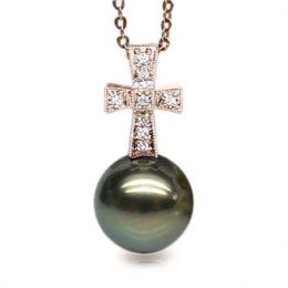 Pendentif croix romaine - Perle de Tahiti - Or rose, diamant