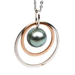 Pendentif 2 anneaux superposés - Perle de Tahiti - Or rose e