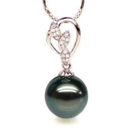 Pendentif pétales d'or rose - Diamants pavés - Perle de Tahi